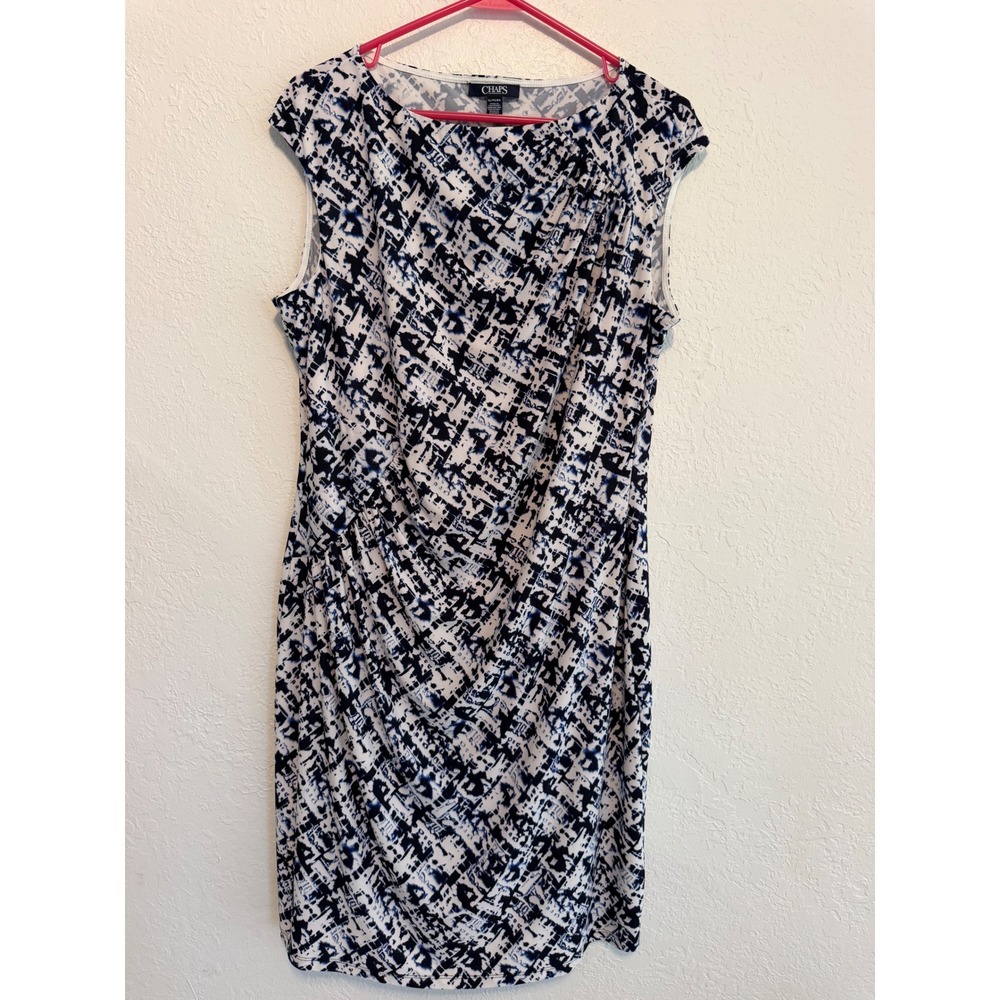 Chaps Womens Blue White Abstract Geometric Ruched Sheath Dress XL